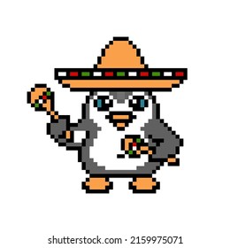 Penguin in a sombrero hat playing two maracas, pixel art animal on white. Latin music bird character. Old school retro 80's-90's 8 bit slot machine, 2d video game graphics. Cartoon mexican mascot.