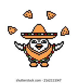 Penguin in sombrero hat and poncho juggling nachos, pixel art animal character on white. 8 bit slot machine, video game graphics. Cartoon circus performer symbol. Mexican food mascot. Taqueria logo.