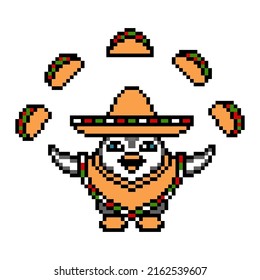 Penguin in sombrero hat and poncho juggling tacos, pixel art animal character on white. 8 bit slot machine, video game graphics. Cartoon circus performer symbol. Mexican food mascot. Taqueria logo.