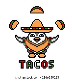 Penguin In Sombrero Hat And Poncho Juggling Tacos, Pixel Art Animal Character On White. 8 Bit Slot Machine, Video Game Graphics. Cartoon Circus Performer Symbol. Mexican Food Mascot. Taqueria Logo.