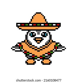 Penguin in a sombrero hat and poncho, pixel art animal isolated on white background. Cute bird character. Old school retro 80's-90's 8 bit slot machine, video game graphics. Cartoon mexican mascot.