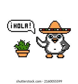 Penguin in a sombrero hat saying Hola (translation: Hello) to cactus, pixel art animal character on white. Old school retro 80's-90's 8 bit slot machine, video game graphics. Cartoon mexican mascot.