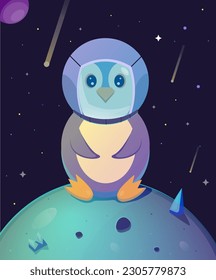 Penguin in space sits on the planet