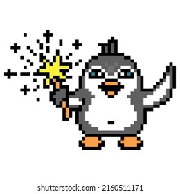 Penguin with a sparkler waving, pixel art animal character on white. Retro 8 bit video game graphics. New Year, Christmas, birthday, Independence Day, wedding, holiday celebration mascot. Party symbol