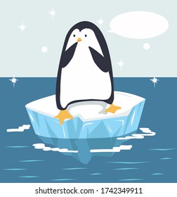 pingüino con burbuja de habla sobre vector de flotación de hielo