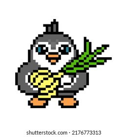 Penguin with a spring onion, cute pixel art animal character isolated on white background. Old school retro 80s, 90s 8 bit slot machine, computer, video game graphics. Cartoon cook or farmer mascot. 