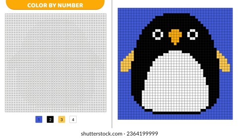 Penguin squishmallow. Color by number. Pixel coloring book. Numbered squares. Game for kids. Pixel art. Isolated vector illustration eps 10