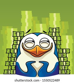 Penguin and stacks of money