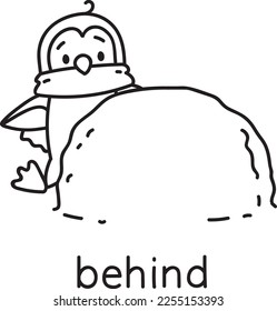 Pinguin steht hinter dem Schneeball. Präposition der Bewegungen und Ort zum Englischlernen. Kinder Vektorgrafik von lustigen Tieren mit Beschreibung. Einzige Schwarz-Weiß-Illustration für Kinder