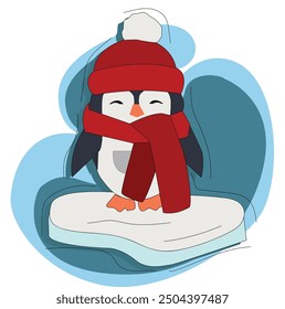 Penguin  stand on an ice floe.penguin on ice wearing warm hat and scarf