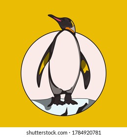 Penguin is standing with circle background on yellow background