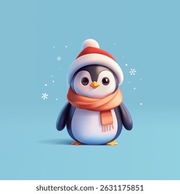 Penguin standing dressed in a Christmas hat and scarf, 3D. Cute penguin character, snow, winter. Winter holidays concept. Vector illustration.