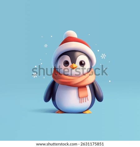 Penguin standing dressed in a Christmas hat and scarf, 3D. Cute penguin character, snow, winter. Winter holidays concept. Vector illustration.