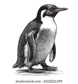 Penguin standing, hand drawn sketch in doodle style illustration