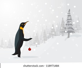 Penguin standing looking to the sky holding red bubble