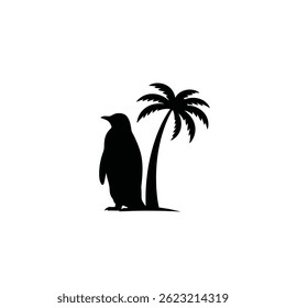 Pinguim em pé perto da árvore de palma preto silhueta vetor ilustração gráfica