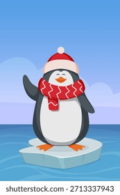 A penguin is standing on a block of ice with a red scarf around its neck
