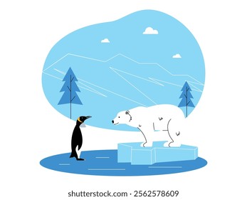 A penguin is standing on the ice, facing a polar bear on a larger piece of ice, snowy mountain landscape background with some clouds, ecosystem vector illustration.