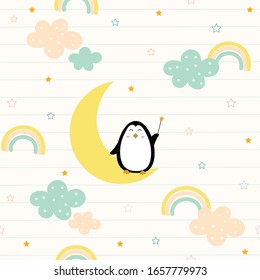 Diseño de fondo sin problemas de la estatura de pingüino Nube y Rainbow Cute dibujo de carácter animal. Se utiliza para impresión de fondo, envoltura de regalo, ropa para niños, textiles, imágenes vectoriales.