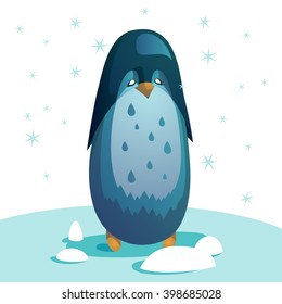  penguin standing on a white snow. Adult happy penguin. From the sky falling snow. penguin women