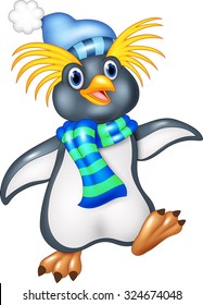 Penguin is standing use a shawl and hat cap 