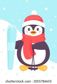 penguin stands with skis and ski poles in his hands, wearing a scarf. Christmas and New Year. Funny cartoon character of ski penguin. Christmas penguin skiing, outdoor activities. Vector illustration
