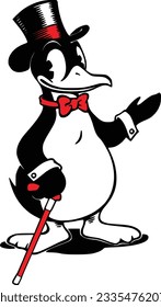Penguin with stick and hat (Editable) - Vector Illustration