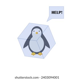 Penguin stuck in cub of ice asking for help. Animal character isolated on white background. Winter vector illustration