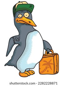 Penguin with a suitcase and a cap goes on a trip to warm places, vector illustration