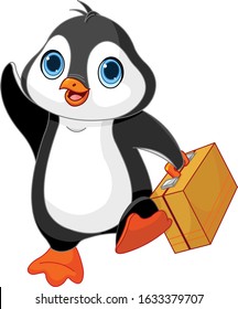 Penguin with a suitcase is leaving and waving goodbye