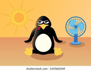 Penguin in summer vector. Angry penguin in hot summer vector illustration. Overheated penguin cartoon character. Penguin in the desert cartoon character