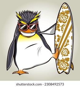 Penguin with sunglasses holding a surfboard. Smiling penguin mascot of a surf club. Sport illustration concept.