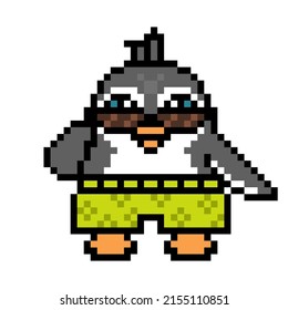 Penguin in sunglasses and shorts on a summer vacation, cartoon pixel art animal character isolated on white background. Old school retro 80s, 90s 8 bit slot machine, computer, video game graphics. 