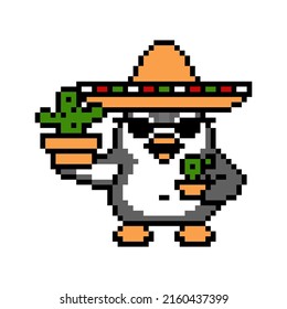 Penguin in sunglasses and sombrero hat with two potted cactus plants, pixel art animal character on white background. Retro 80's, 90's 8 bit slot machine, video game graphics. Cartoon mexican mascot.