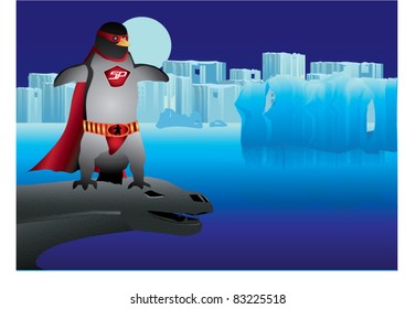 Penguin super hero against a moonlit ice scape background. Standing on a leopard seal gargoyle.