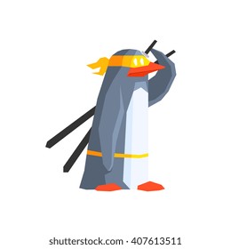 Penguin Super Hero Character Flat Geometrical Design Cool  Vector Icon On White Background
