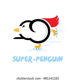 Penguin super-hero with skates vector illustration. Penguin fast-speed. Cute cartoon character. Arctic animal. Flat vector design on white background.