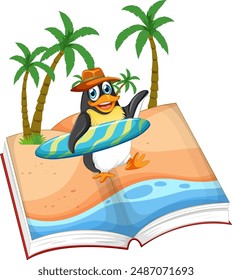 Penguin with surfboard on tropical beach scene