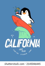 Penguin surfing California. Cute penguin character riding wave on a surfboard and holding cocktail. California surfing vintage typography t-shirt print vector illustration.