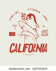 Penguin surfing California. Penguin mascot character surfing wave, holding cocktail. Summer beach sports typography t-shirt print vector illustration.