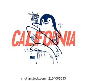 Penguin surfing. Cute antarctic penguin character holding cocktail and riding the wave. California surfing typography silkscreen t-shirt print vector illustration.