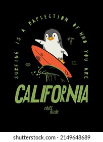 Penguin Surfing. Cute penguin surfing character riding wave on a surfboard. California beach sports typography vector illustration t-shirt print.