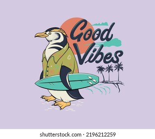 penguin surfing illustration with beach vibes typography design 