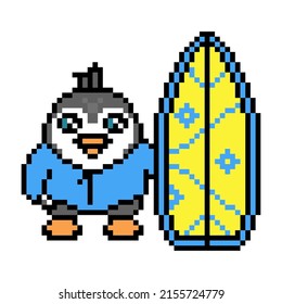 Penguin in a surfing suit with a surfboard, pixel art animal character, white background. Old school 80's, 90's 8 bit slot machine, video game graphics. Cartoon water sport mascot. Summer activity.