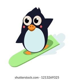 Penguin Surfing. Vector Illustartion