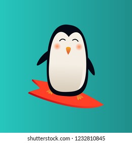penguin surfing vector illustration
