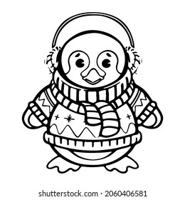 penguin in a sweater black outline cartoon illustration vector for coloring pages