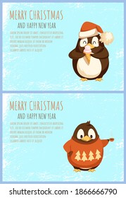 Penguin in sweater and with ice cream, Christmas holiday. Bird in Santa hat eating dessert, animal in knitwear with coffee or tea, winter time vector