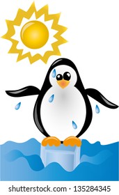 Penguin sweating on ice cube, symbolizing global warming, vector illustration