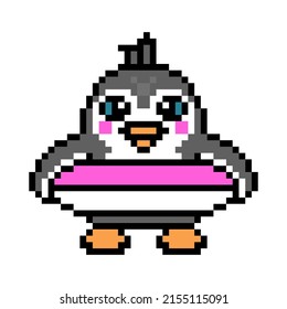 Penguin with a swim ring, cute pixel art animal character isolated on white background. Old school retro 80s, 90s 8 bit slot machine, computer, video game graphics. Cartoon summer vacation mascot.